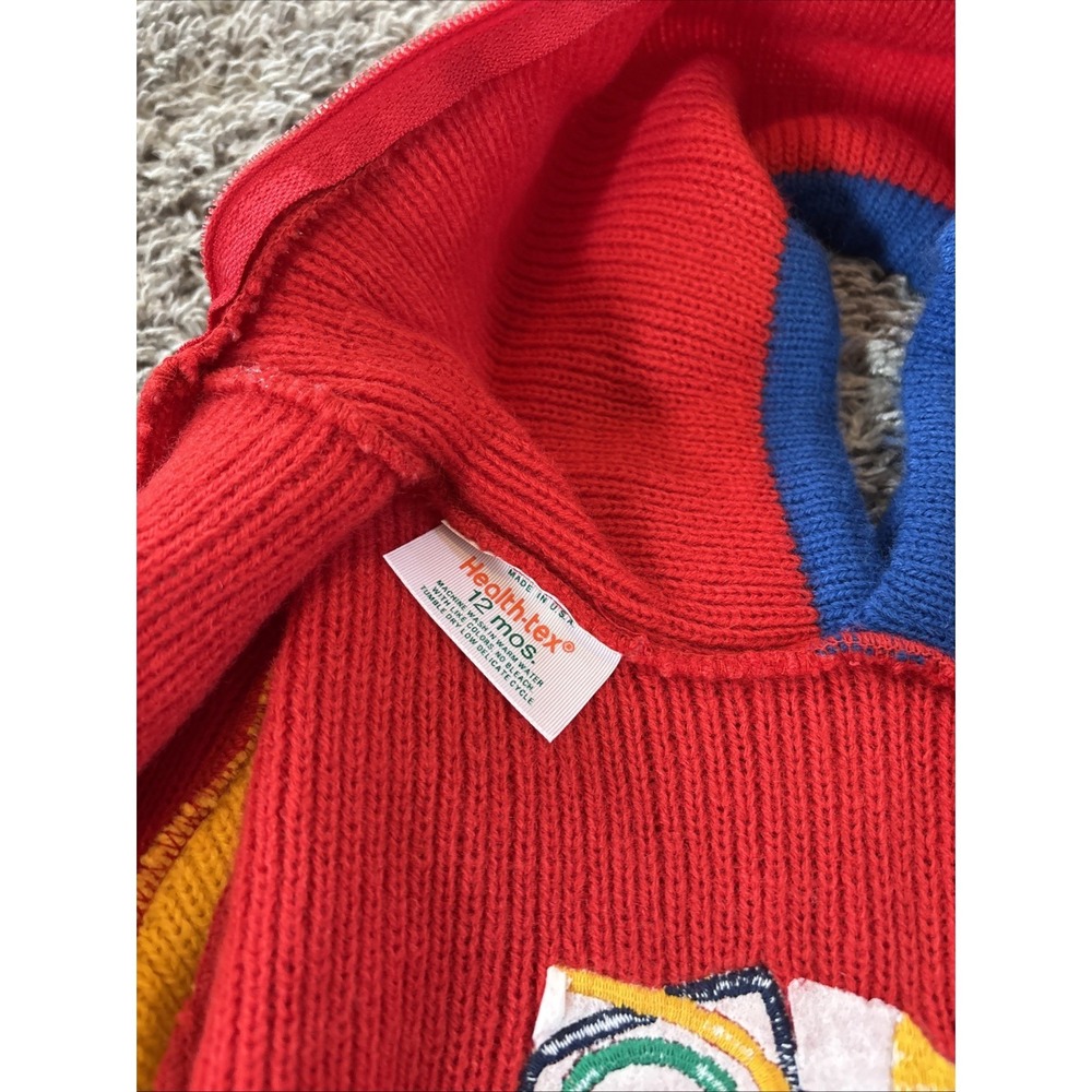 Vintage 80s Health Tex Kids Red Sweater Color Block 12 Mos Car Toddler - Picture 5 of 5